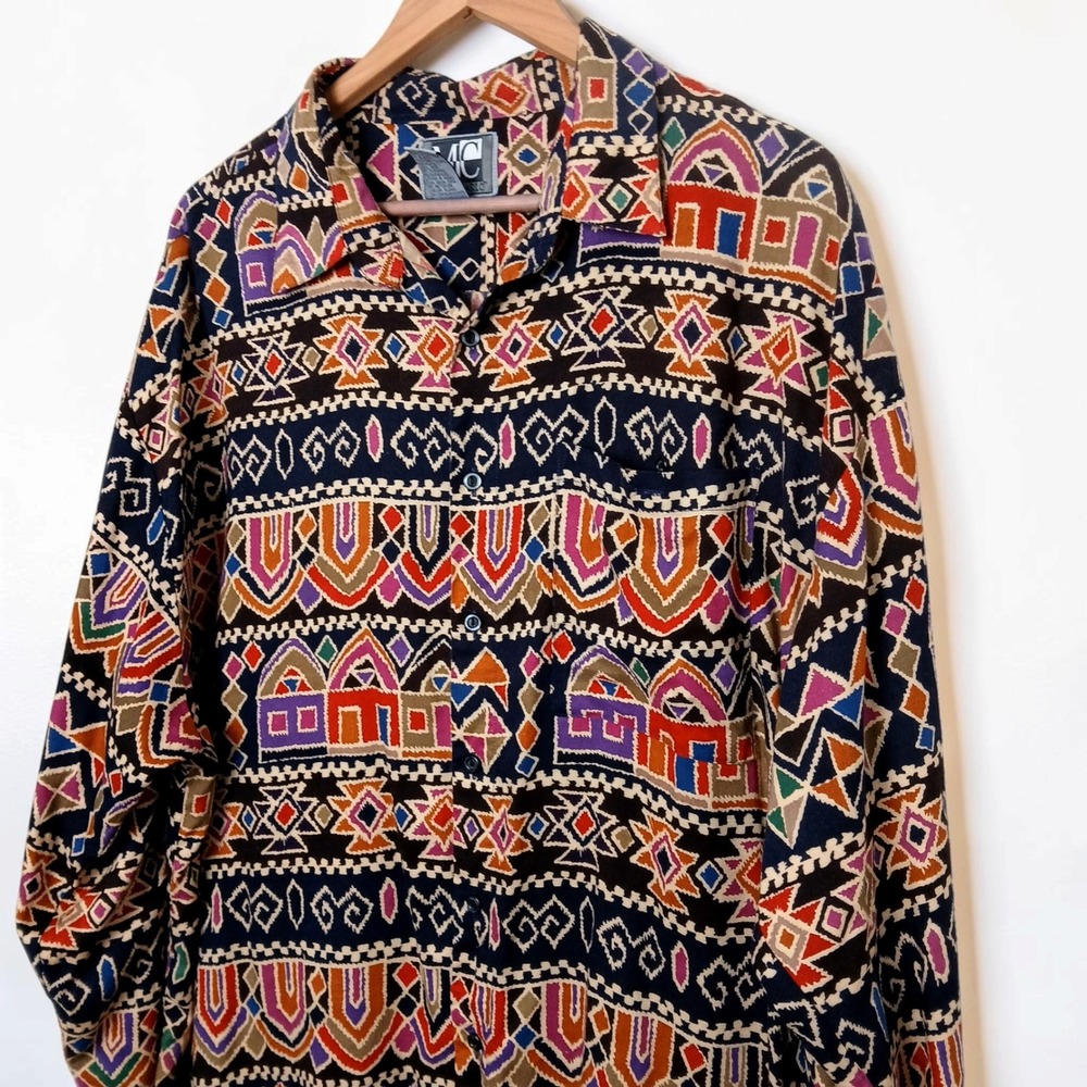 Monte Carlo Mens XXL Tall Rayon Long Sleeve Tribal Geometric Print Vintage 90s